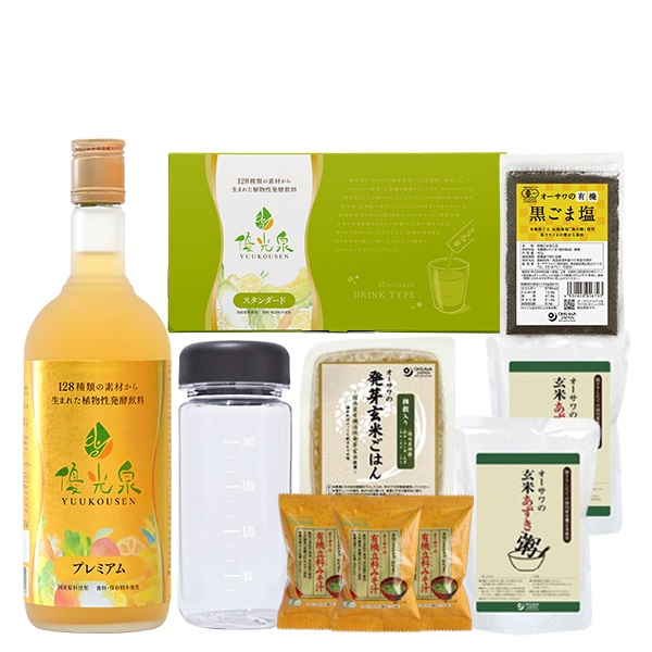 ファスフェスセット松（プレミアム1本+ポケット優光泉15包+3日間断食回復食セット+有機黒ごま塩+リユースボトル250ml黒柄）