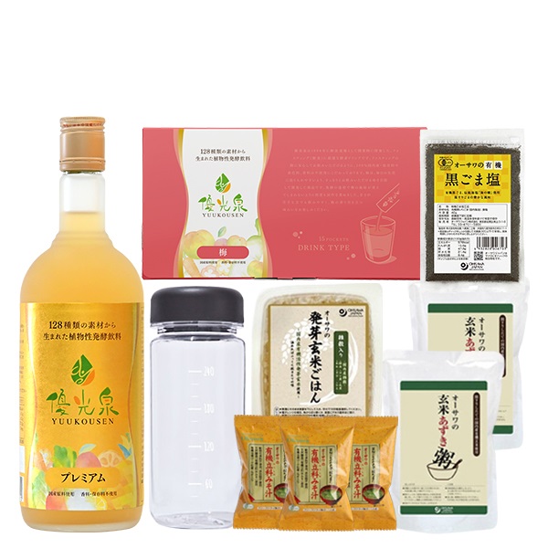 ファスフェスセット松（プレミアム1本+ポケット優光泉15包+3日間断食回復食セット+有機黒ごま塩+リユースボトル250ml黒柄）(プレミアム1本+ポケット優光泉15包梅)