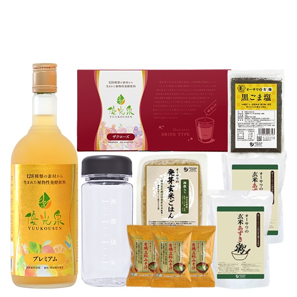 ファスフェスセット松（プレミアム1本+ポケット優光泉15包+3日間断食回復食セット+有機黒ごま塩+リユースボトル250ml黒柄）(プレミアム1本+ポケット優光泉15包ザクローズ)