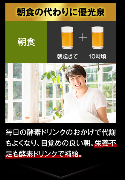 朝食の代わりに優光泉 / 毎日の酵素ドリンクのおかげで代謝もよくなり、目覚めの良い朝。栄養不足も酵素ドリンクで補給。